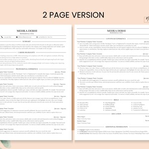 May include: A two-page resume template with a clean, professional design. The document features a summary, career highlights, professional experience, skills, education, and additional information sections. The text is in black on a white background with a light brown border.