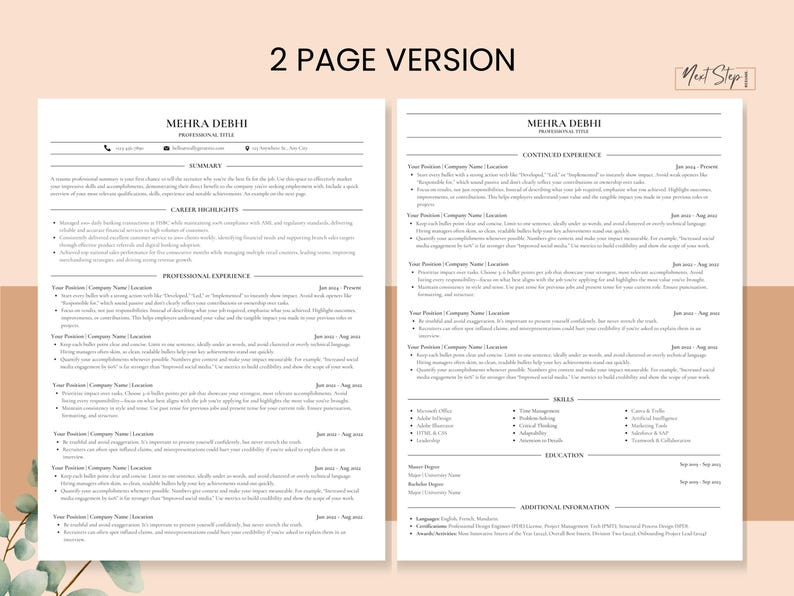 May include: A two-page resume template with a clean, professional design. The document features a summary, career highlights, professional experience, skills, education, and additional information sections. The text is in black on a white background with a light brown border.