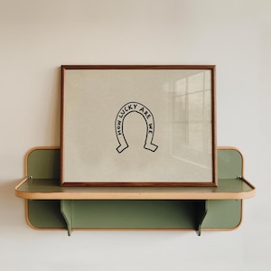 May include: A framed print with a brown wooden frame featuring a black horseshoe design and the text "HOW LUCKY ARE WE". The print is displayed on a green and beige shelf.