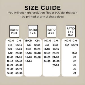 May include: Size guide graphic with print size ratios and dimensions in inches and centimeters. Includes ratios 2x3, 3x4, 4x5, and 5x7 ISO, with sizes like 4x6 inches (10x15 cm) and 8x10 inches (20x25 cm).