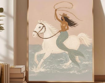 Cowgirl Mermaid Rider Art, Coastal Cowgirl Wall Print, Western Mermaid on Horse, Rodeo Beach Decor, Trendy Printable Art
