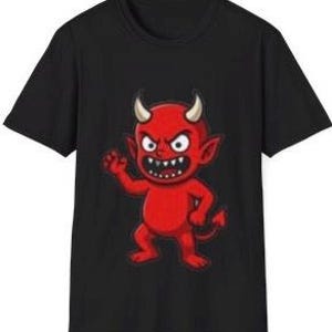 May include: Black t-shirt featuring a cartoon devil with red skin, horns, and a tail. The devil is depicted with an angry expression, raised hand, and sharp teeth. The graphic is centered on the shirt.