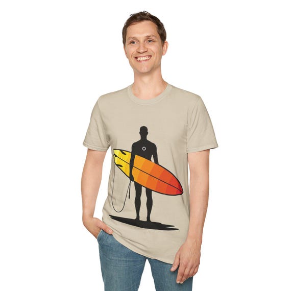 Surfer With Orange Surfboard T-shirt | Beach Wave Tee Fast & Free