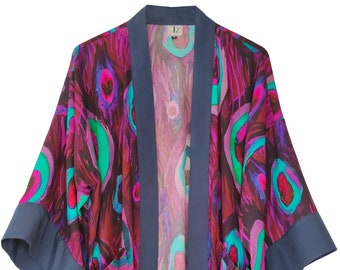 Purple Peacock Feathers Kimono, Purple Cardigan, Plus Size Kimono, Evening Cardigan, Printed Kimono , Loose Fit Cardigan