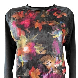 Floral Velvet Blouse, Black Floral Velvet Top. Floral Shirt With Raglan Sleeves, Velvet Women Shirt, Plus Size Velvet Shirt, Velvet Shirt image 1