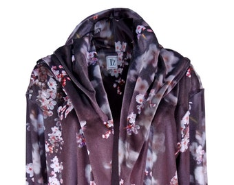 Floral Velvet Jacket, Oversized Purple Velvet Jacket, Plus Size Jacket, Cherry Blossom Printed Jacket, Floral Velvet Evening Jacket