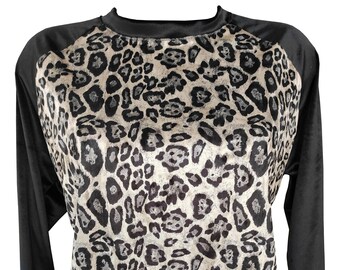 Leopard Velvet Blouse, Black and White Velvet Top. Leopard Shirt With Raglan Sleeves, Velvet Women Shirt, Plus Size Velvet Shirt