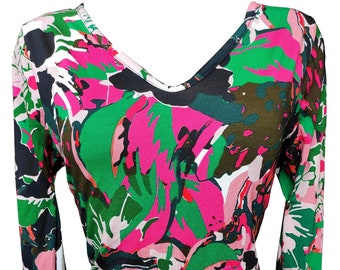 Colorful Printed V neck Shirt, Pink and Green Shirt, Long Sleeves Prined Shirt, Plus Size Painting Shirt