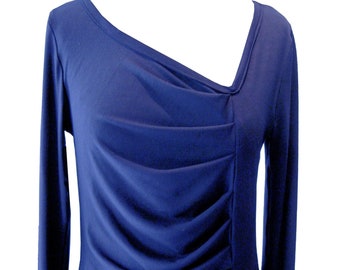 Royal Blue Asymmetrical Shirt, Blue Plus Size Shirt, Blue Jersey Shirt, Blue Sleeves Shirt, Blue Pleated Shirt