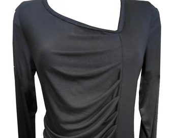 Black Asymmetrical Shirt, Black Plus Size Shirt, Black Jersey Shirt, Black Long Sleeves Shirt, Black Pleated Shirt