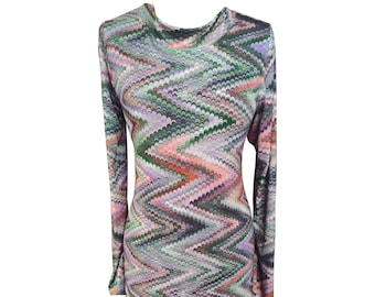 Zigzag Printed Maxi Dress, Geometric Printed Jersey Maxi Dress, Pink and Green Dress, Dress With Long Sleeves, Designers Maxi Dress