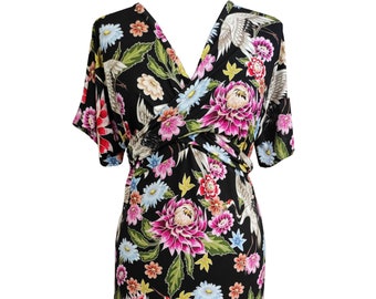 Black Floral Summer Dress, Birds and Flowers Print Dress, Black Floral Knot Dress, Plus Size Dress, Cotton Jersey Dress, Wrap Around Dress