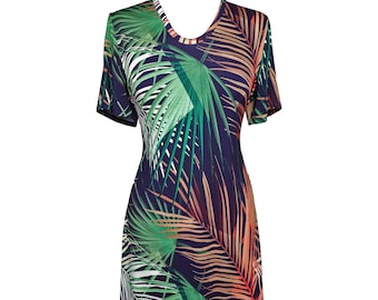 Tropical Print Maxi Kleid, Baumwoll Jersey Maxi Kleid, Plus Size Maxi Kleid, Sommerkleid, A-Linie Flare Kleid, Bedrucktes Baumwolljersey Kleid