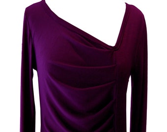 Purple Asymmetrical Shirt, Purple Plus Size Shirt, Purple Jersey Shirt, Purple long Sleeves Shirt, Purple Pleated Shirt