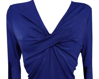 Royal Blue Twist Shirt, Blue Plus Size Shirt, Blue Jersey Shirt, Blue Long Sleeves Shirt, Blue Twisted Shirt