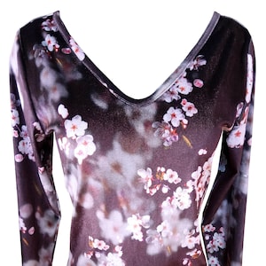 Floral Velvet Shirt, Cherry Blossom Printed Shirt, Plus Size Velvet Shirt, Purple Velvet Shirt, V Neck Velvet Shirt image 1