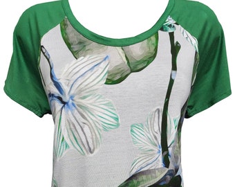 Green Floral Shirt, Green Raglan Sleeves Jersey Shirt, Plus Size Shirt, Women Floral Shirt, Floral Summer Shirt