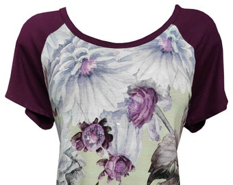 Purple Floral Shirt , Purple Raglan Sleeves Jersey Shirt, Plus Size Shirt, Women Floral Shirt, Floral Summer Shirt