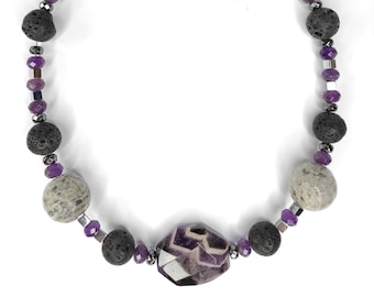 Purple Gray Stones Necklace, Amethyst Necklace, Gemstones Necklace, Statement Necklace, Semi-Precious Stones, Beaded Stones Necklace