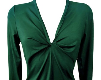 Emerald Green Twist Shirt, Green Plus Size Shirt, Green Jersey Shirt, Green long Sleeves Shirt, Green Twisted Shirt, Green Designer Shirt