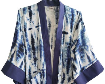 Blue and White Japanese Shibori Kimono, Plus Size Boho Kimono, Navy Blue Kimono, Printed Kimono Jacket, Blue and White Jacket