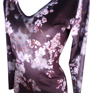 Floral Velvet Shirt, Cherry Blossom Printed Shirt, Plus Size Velvet Shirt, Purple Velvet Shirt, V Neck Velvet Shirt image 2