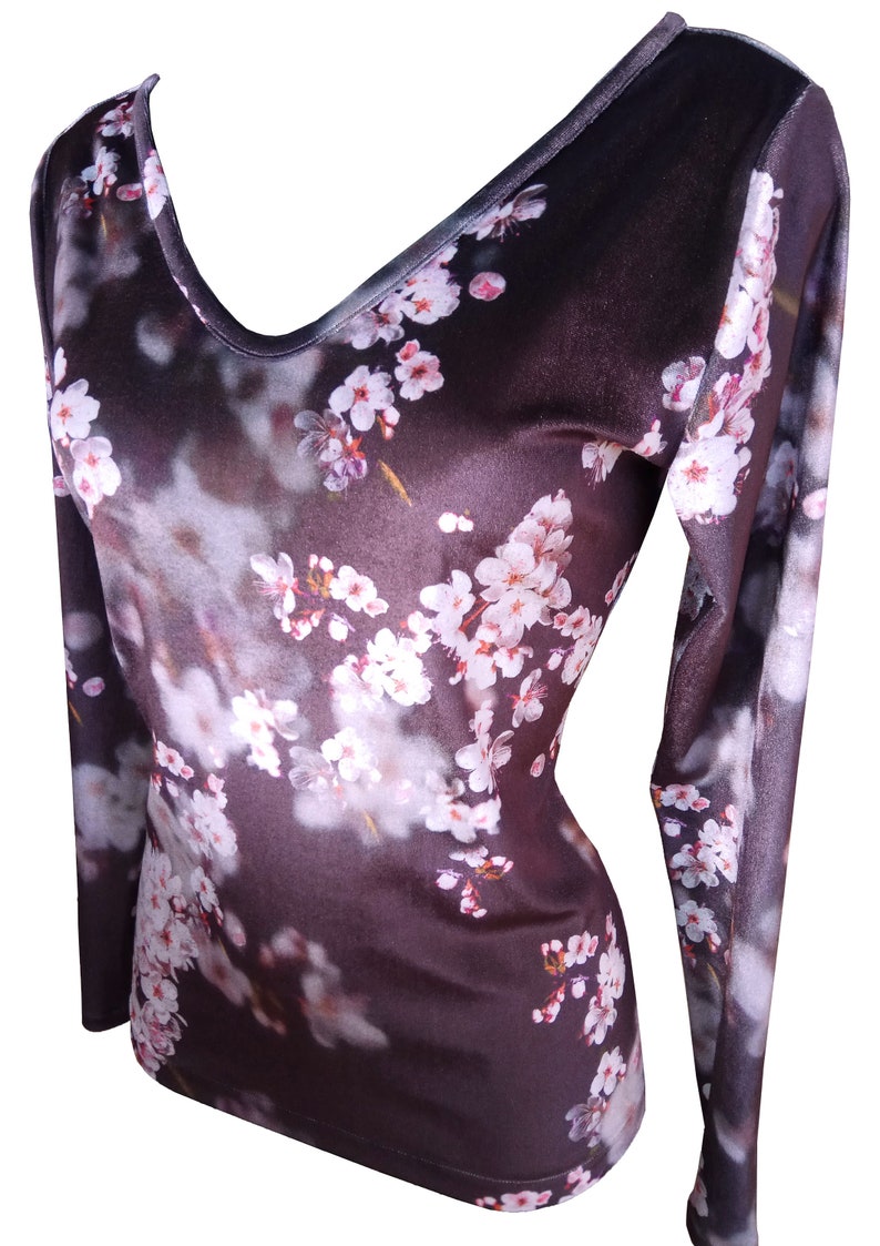 Floral Velvet Shirt, Cherry Blossom Printed Shirt, Plus Size Velvet Shirt, Purple Velvet Shirt, V Neck Velvet Shirt image 2