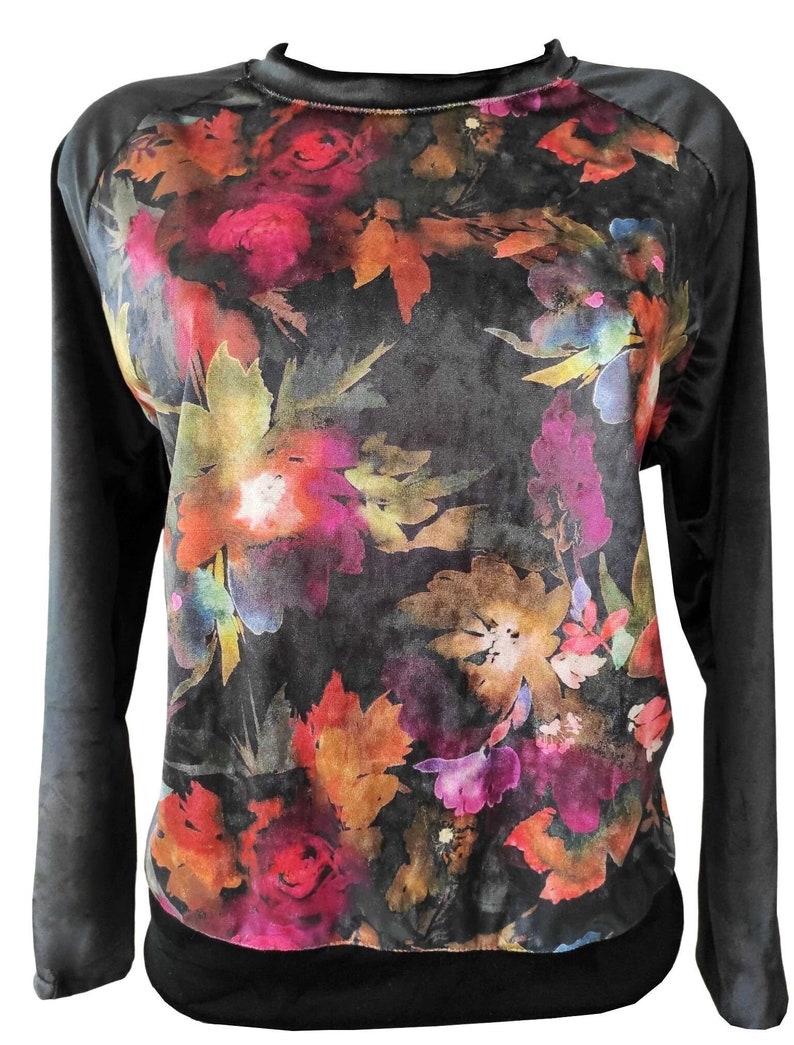 Floral Velvet Blouse, Black Floral Velvet Top. Floral Shirt With Raglan Sleeves, Velvet Women Shirt, Plus Size Velvet Shirt, Velvet Shirt image 1