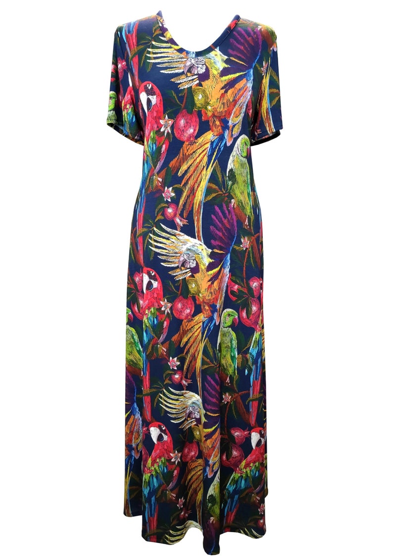 Blue Parrot Maxi Dress, Floral Maxi Flared Dress, Tropical Print Maxi Dress, Plus size Maxi Dress, Women Dress, Birds Print MAxi Dress image 1
