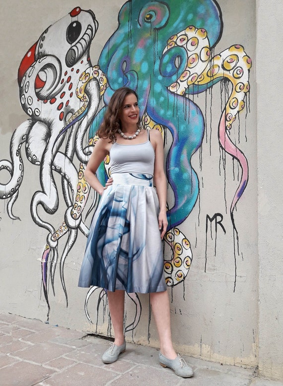 Blue and White Cotton Pleated Skirt Etsy Canada