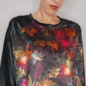 Floral Velvet Blouse, Black Floral Velvet Top. Floral Shirt With Raglan Sleeves, Velvet Women Shirt, Plus Size Velvet Shirt, Velvet Shirt image 3