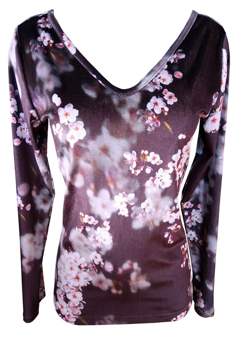 Floral Velvet Shirt, Cherry Blossom Printed Shirt, Plus Size Velvet Shirt, Purple Velvet Shirt, V Neck Velvet Shirt image 1