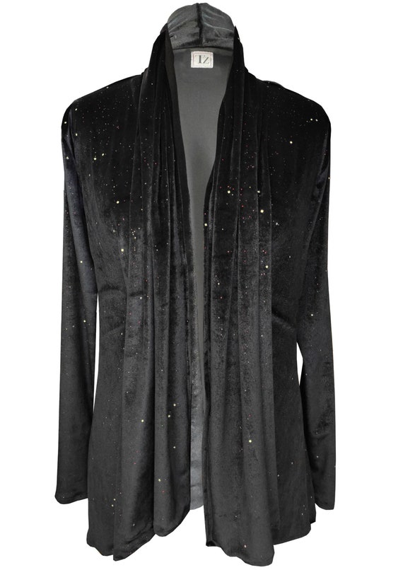 Black Velvet Cardigan With Colorful Sparkles Dots Black