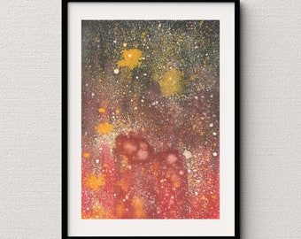 Original Watercolor Painting, Black Red Orange Watercolor Galaxy Painting, 7"X5" ,Colorful Watercolor Painting, Abstract Watercolor Painting