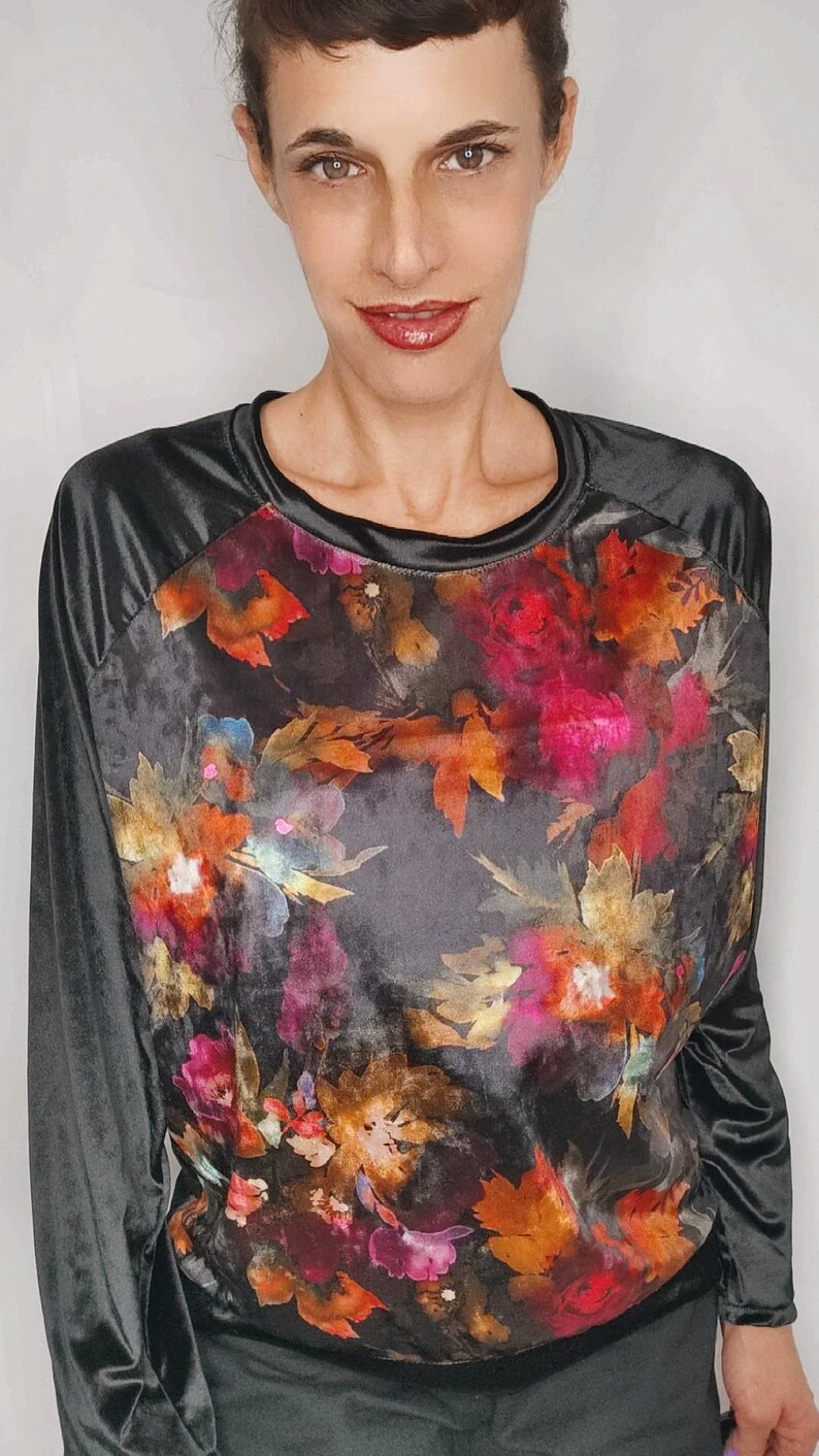 Floral Velvet Blouse, Black Floral Velvet Top. Floral Shirt With Raglan Sleeves, Velvet Women Shirt, Plus Size Velvet Shirt, Velvet Shirt image 5