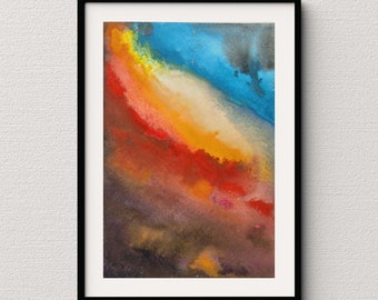 Original Watercolor Painting, Blue Red Orange Watercolor Sunrise Painting, 7"X5", Colorful Watercolor Painting, Abstract Watercolor Painting