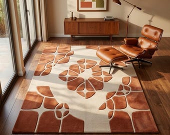 Terracotta Abstract Geometric Area Rug, Mid Century Modern Ivory Carpet, Contemporary Living Room Decor