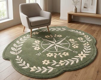 Floral Compass Tufted Area Rug, Sage Green Botanical Rug, Scalloped Shaped Accent Carpet for Living Room Bedroom