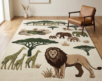 Safari Animal Rug, Jungle Nursery Rug, Lion Giraffe Elephant Rug, Hand Tufted Kids Playroom Rug, Boho Cream Wildlife Carpet