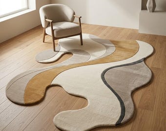 Irregular Abstract Wool Rug, Organic Shaped Hand Tufted Area Rug, Neutral Beige Cream Brown Designer Rug for Living Room
