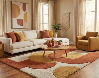 Elegante tappeto in lana astratto boho per un accogliente soggiorno, tappeto a pelo lungo color terracotta e senape