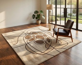 Modern Abstract Line Art Area Rug  Geometric Carpet for Living Room, Bedroom, Office Lounge Decorative Floor Rug with Beige and Brown Design
