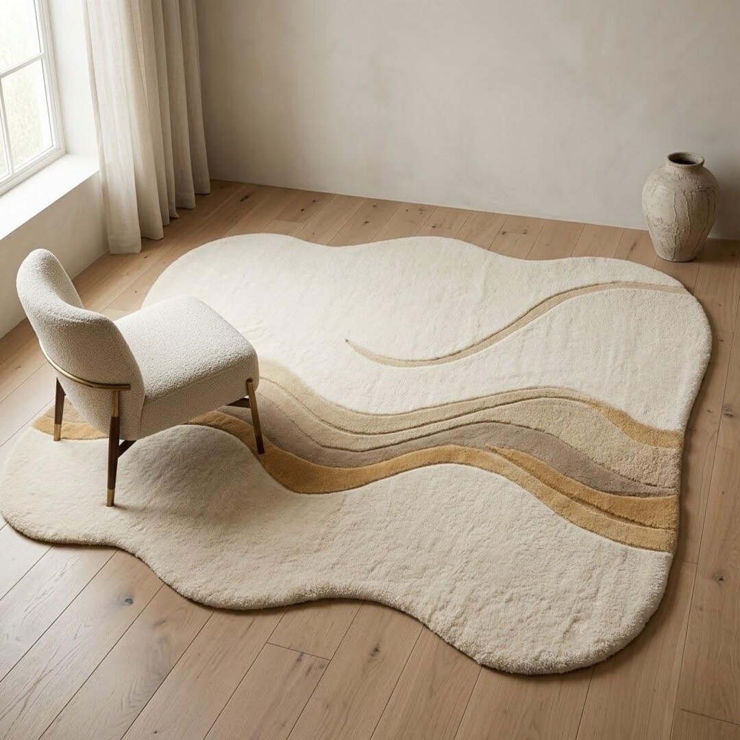 Wavy Small Rug Irregular Wavy Edge Rug, Ivory Sand Abstract Area Carpet, Modern ...