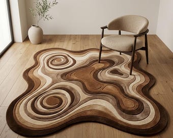 Abstract Organic Shape Area Rug, Brown Beige Modern Tufted Carpet, Mid Century Floor Mat, Retro Living Room Decor
