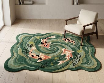 Koi Fish Pond Rug, Green Irregular Hand Tufted Area Rug, Japanese Water Garden Carpet, Handmade Nature Rug for Living Room