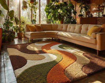 Hand Tufted Wool Area Rug, Retro Earth Tone MCM Style