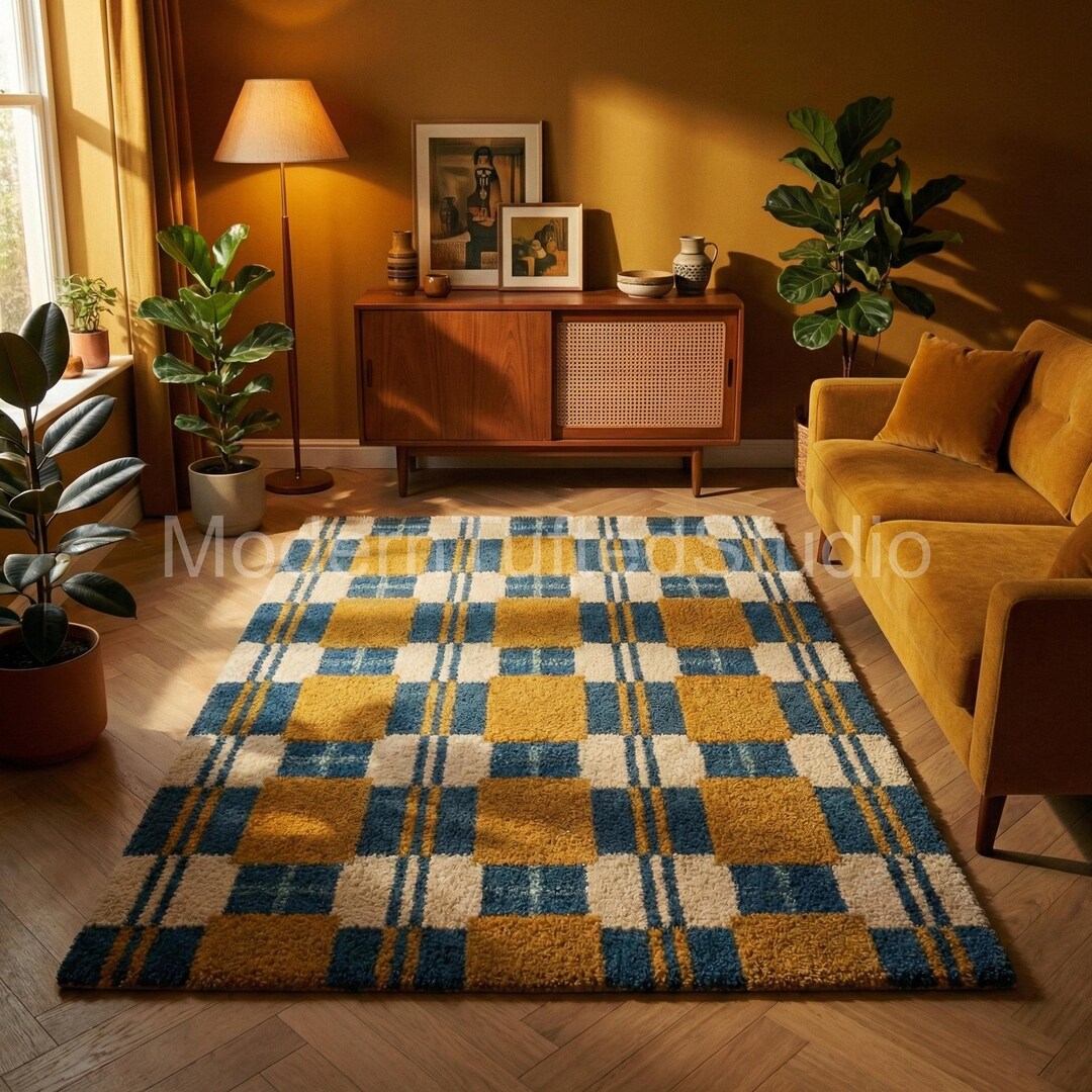 Mid-century Checkered Wool Area Rug, Mustard & Navy Geometric Handmade ...