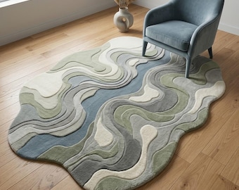 Abstract Organic Shaped Area Rug, Modern Wavy Tufted Carpet, Sage Green Blue Neutral Living Room Home Decor