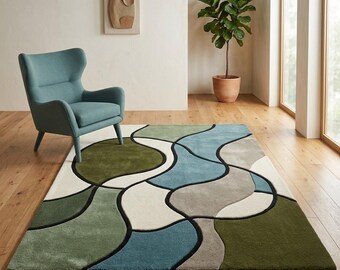 Modern Abstract Area Rug, Green Blue Geometric Contemporary Carpet, Scandinavian Living Room Floor Home Decor