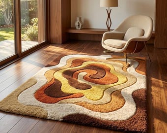 Hand Tufted Abstract Rug | Retro Organic Shape, Wavy Statement Decor For Living Room Bedroom
